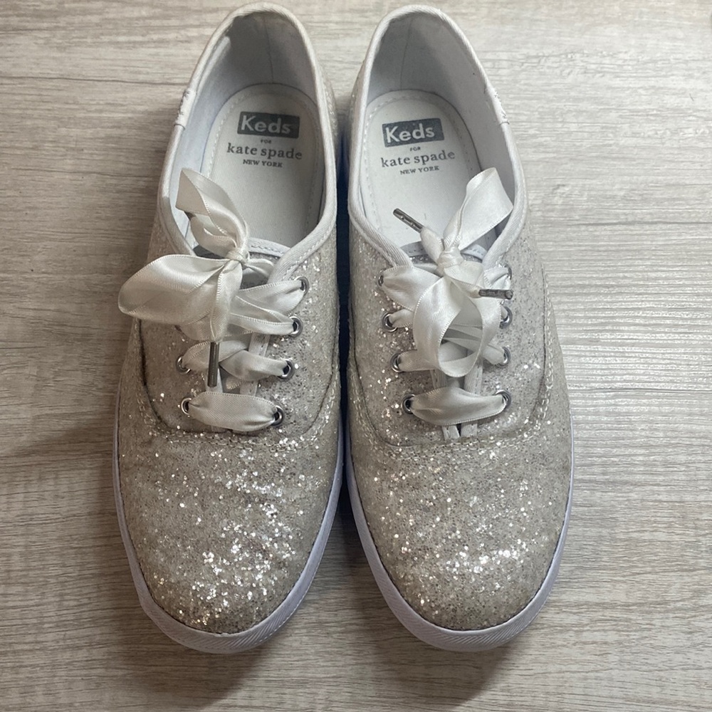 Kate Spade Keds • Size 7.5 Women’s Sparkle Wedding Shoes • White & Silver